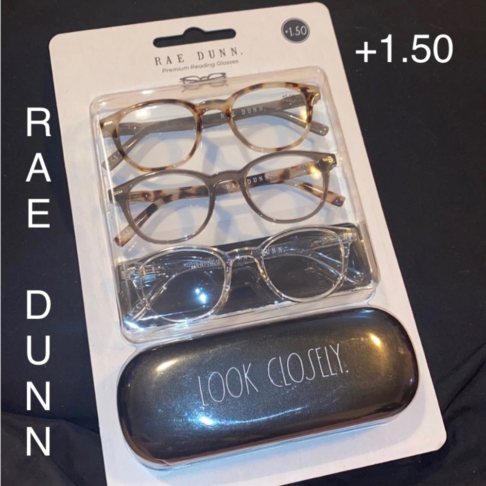 Rae Dunn reading glasses set,NWT,3 pairs and glasses case,3 colors,+1.50